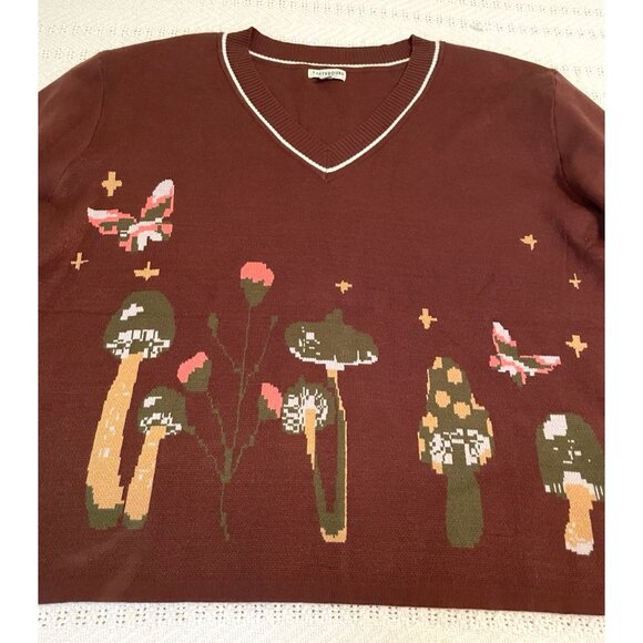 Earthbound Trading Mushroom Butterfly Brown Crop Bell Sleeve Sweater XXL Boho - Picture 1 of 8